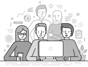 graphic image of people gathered around a computer